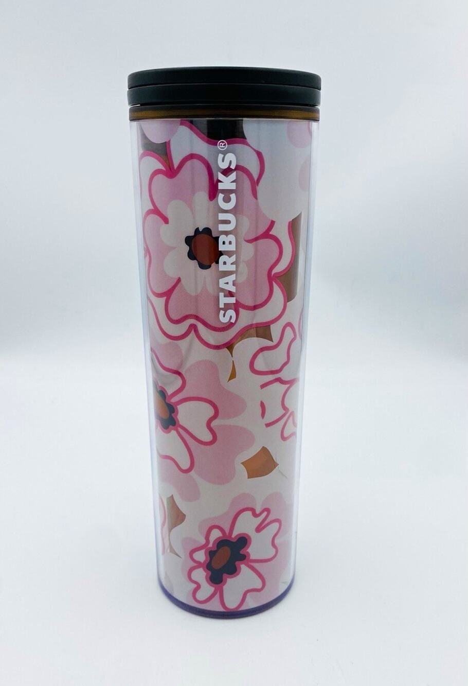 2013 Starbucks 16oz/473ml Pink Floral Plastic Tumbler Drink-Through Lid